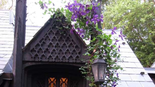 Uma porta de madeira preta com desenhos elaborados, um pequeno jardim com diversas plantas e uma estátua de pedra.