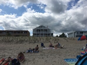 On the beach, sun loungers