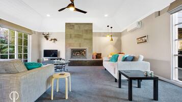 TV, DVD player, books, video library