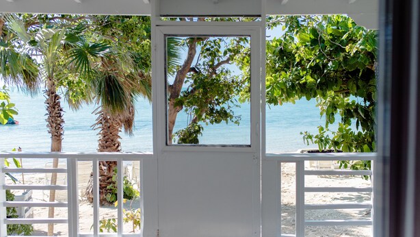 A wooden deck with white railings, a door, and a view of the sea and palm trees.