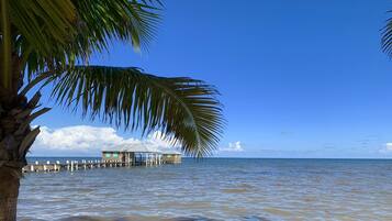 On the beach, sun loungers, beach towels