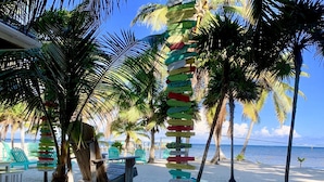 A beachside location with a wooden signpost listing various destinations. - Live & Sleep over the Sea!! ** Glamping in Paradise** (San Pedro)