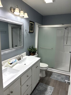 Combined shower/bathtub, hair dryer, towels, toilet paper
