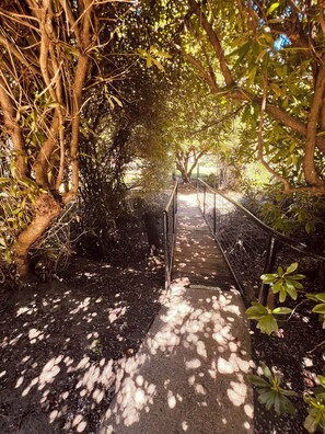 Un sentier bordé d’une végétation luxuriante, avec une rambarde en métal, qui mène à un espace ombragé.