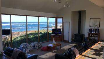 Smart TV, fireplace, DVD player, books