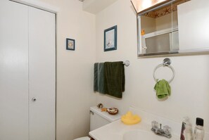 Un bagno con il water, un lavandino e un portascopevoli.