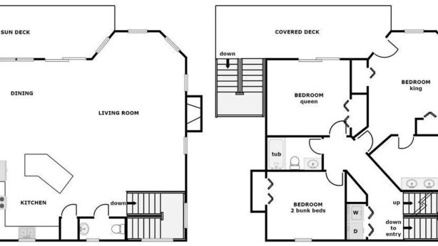 A floor plan of a hotel with a sun deck, dining area, kitchen, living room, covered deck, and two bedrooms labeled king and queen. - Boca North - Ocean View 3BR Home & Community Pool!!! (North Topsail Beach)