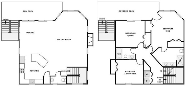A floor plan of a hotel with a sun deck, dining area, kitchen, living room, covered deck, and two bedrooms labeled king and queen.