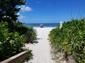 Vlak bij het strand, ligstoelen aan het strand, strandlakens