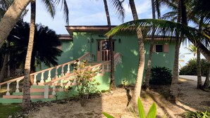 A green building with a staircase leading to a door, surrounded by palm trees and a sandy ground. - Da Villa Ocean Front Home, Luxury & Privacy on Pink Sand Beach (Governor's Harbour, Eleuthera)