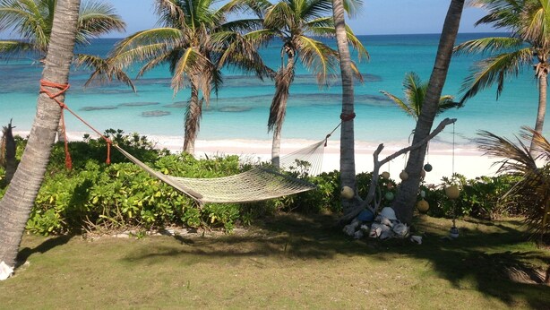 A hammock tied between palm trees overlooking a beach with clear turquoise water. - Da Villa Ocean Front Home, Luxury & Privacy on Pink Sand Beach (Governor's Harbour, Eleuthera)