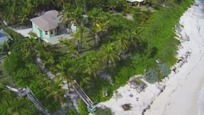 An aerial view of a coastal property with a house surrounded by lush greenery and palm trees. - Da Villa Ocean Front Home, Luxury & Privacy on Pink Sand Beach (Governor's Harbour, Eleuthera)