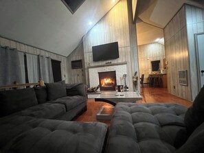 Smart TV, fireplace, video games, DVD player
