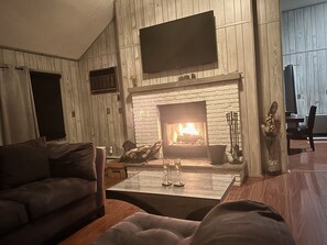 Smart TV, fireplace, video games, DVD player