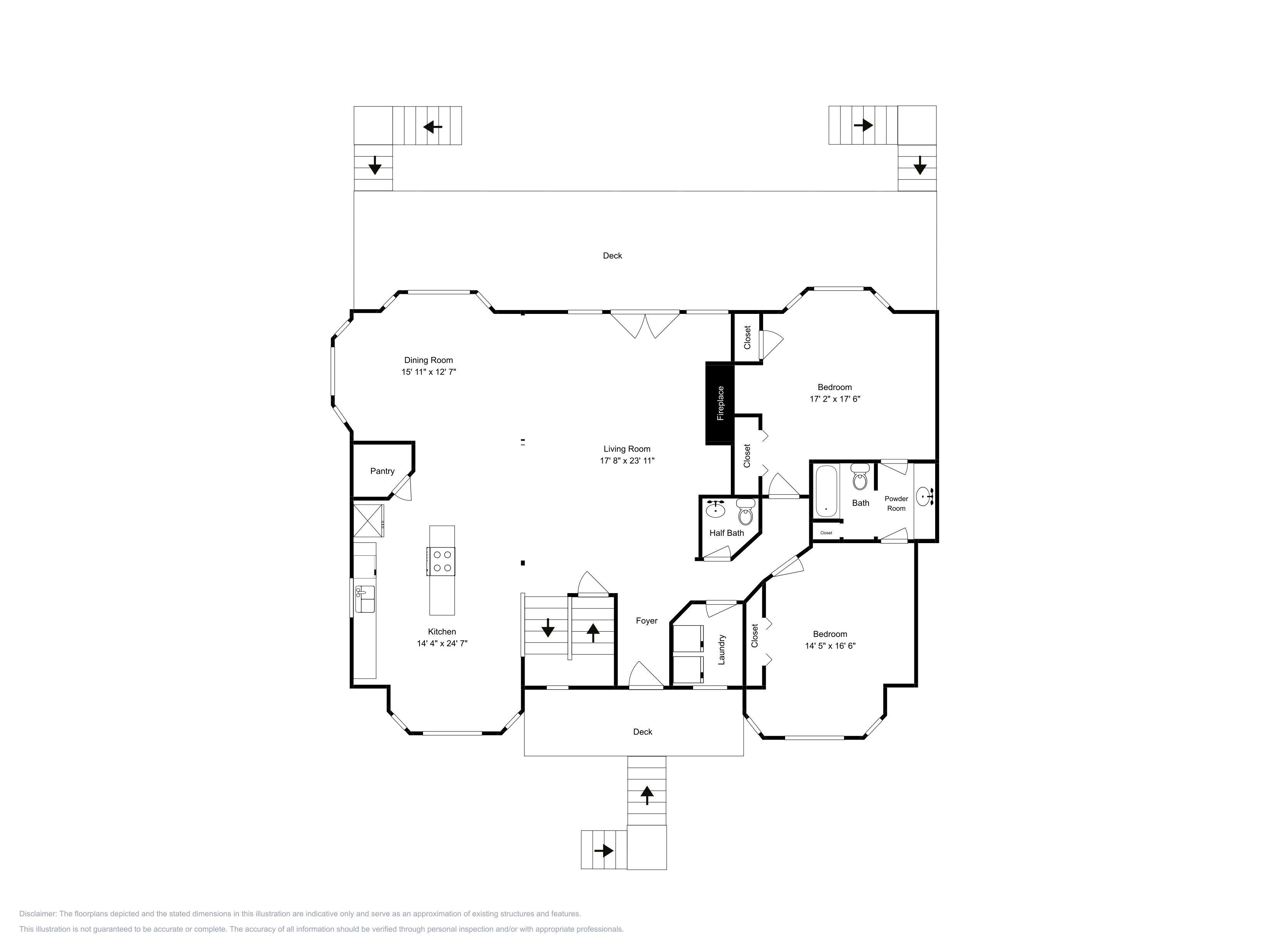 A floor plan of a house with a dining room, kitchen, living room, two bedrooms, a powder room, and a half bath.