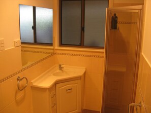 Baignoire, séchoir à cheveux, savon, shampooing