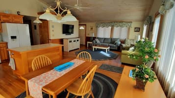 Smart TV, fireplace, DVD player, books