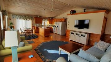 TV connectée, cheminée, lecteur de DVD, livres