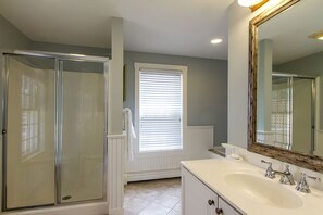 Hair dryer, towels, soap, toilet paper