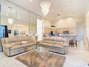 Flat-screen TV, fireplace