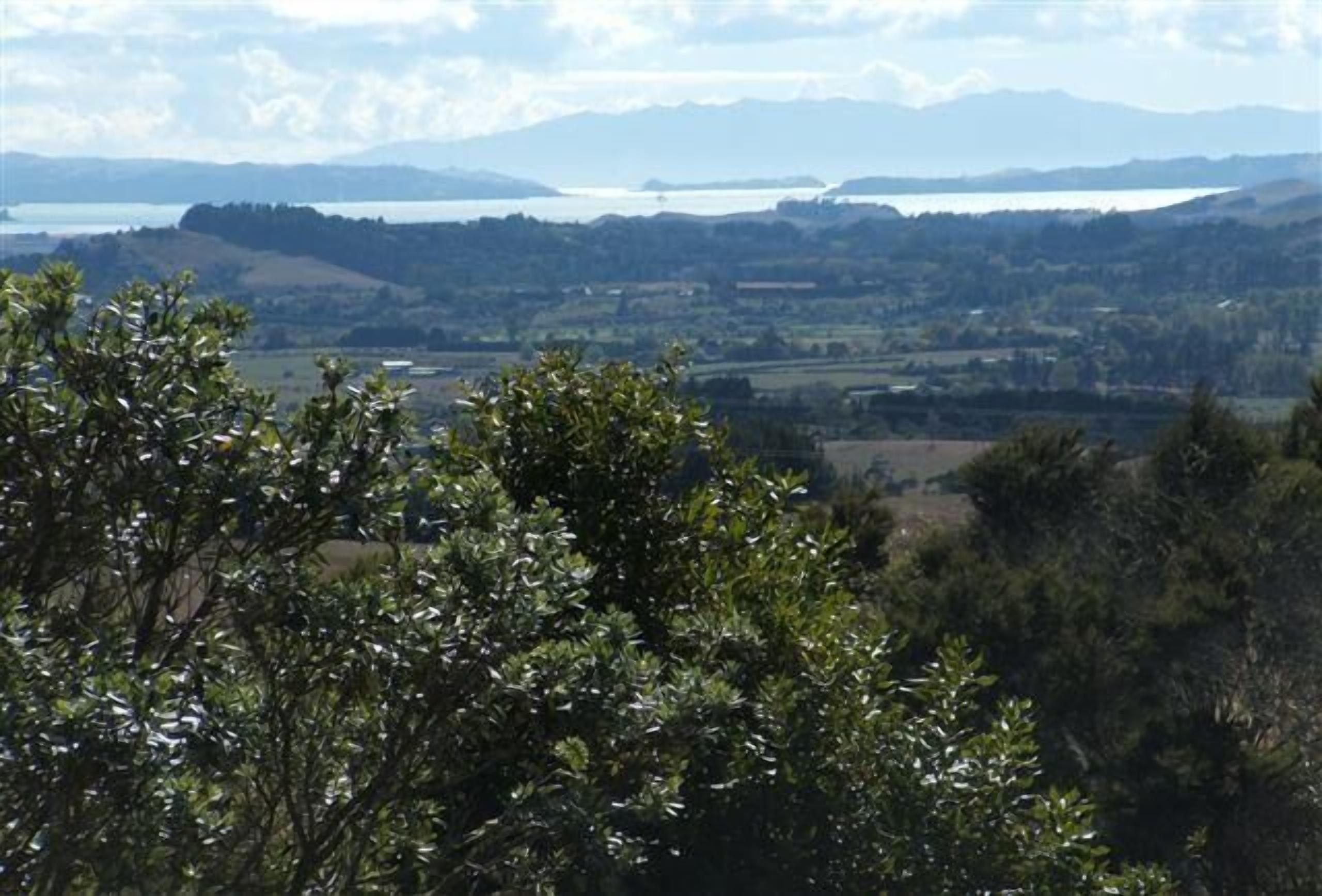 Ein weiter Panoramablick auf eine Landschaft mit Hügeln, Bäumen und einem Gewässer in der Ferne.