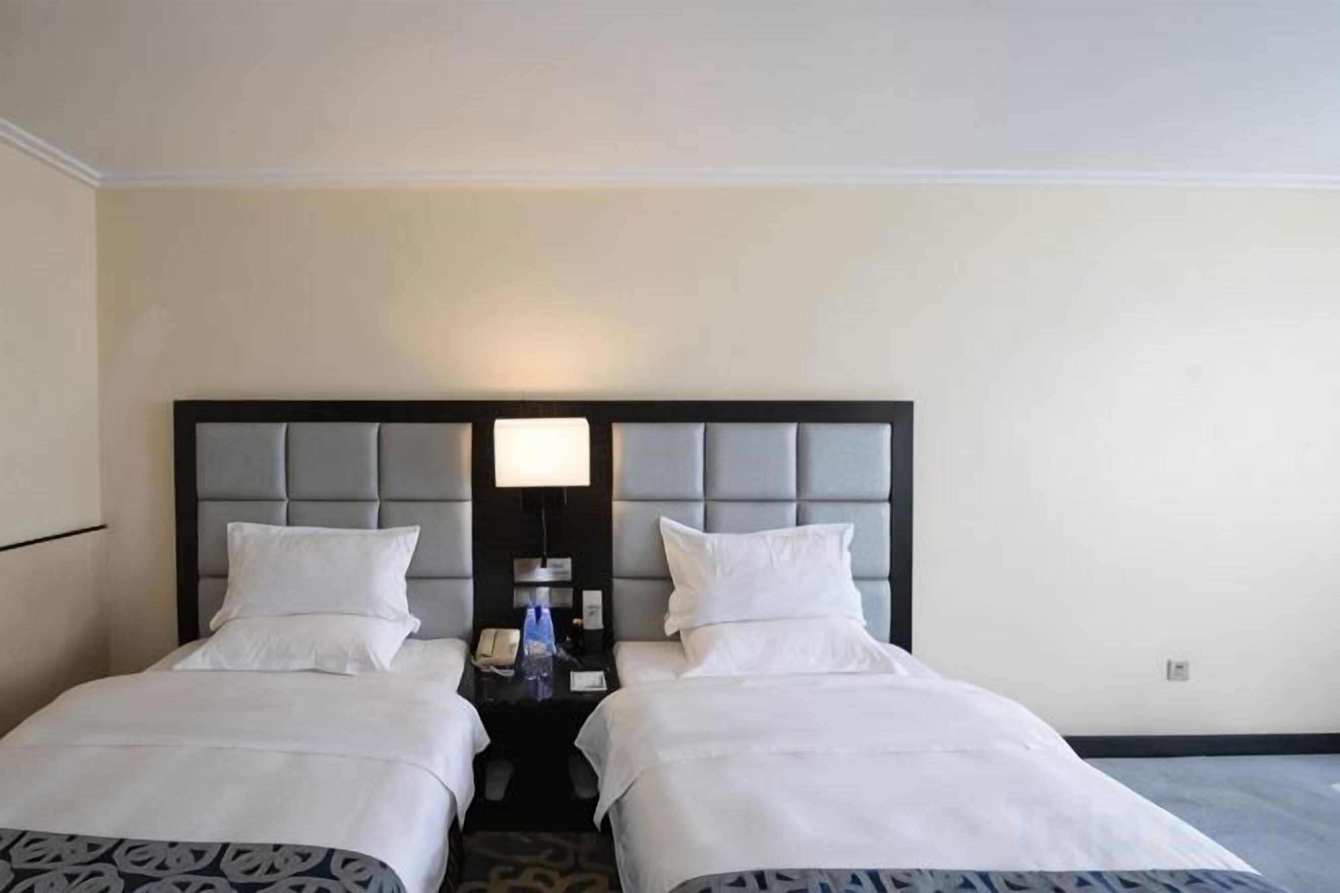 Una habitación de hotel con dos camas, una mesita de noche con lámpara y una pared lisa.