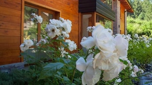 Una casa de madera con ventanas grandes y un jardín lleno de flores blancas.