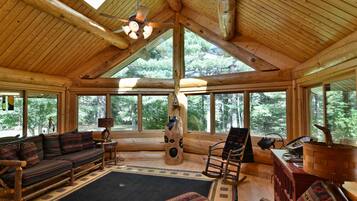 Smart TV, fireplace, DVD player, books