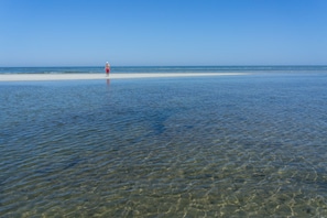 Guests can enjoy a serene beach experience with clear, shallow waters perfect for wading or swimming.