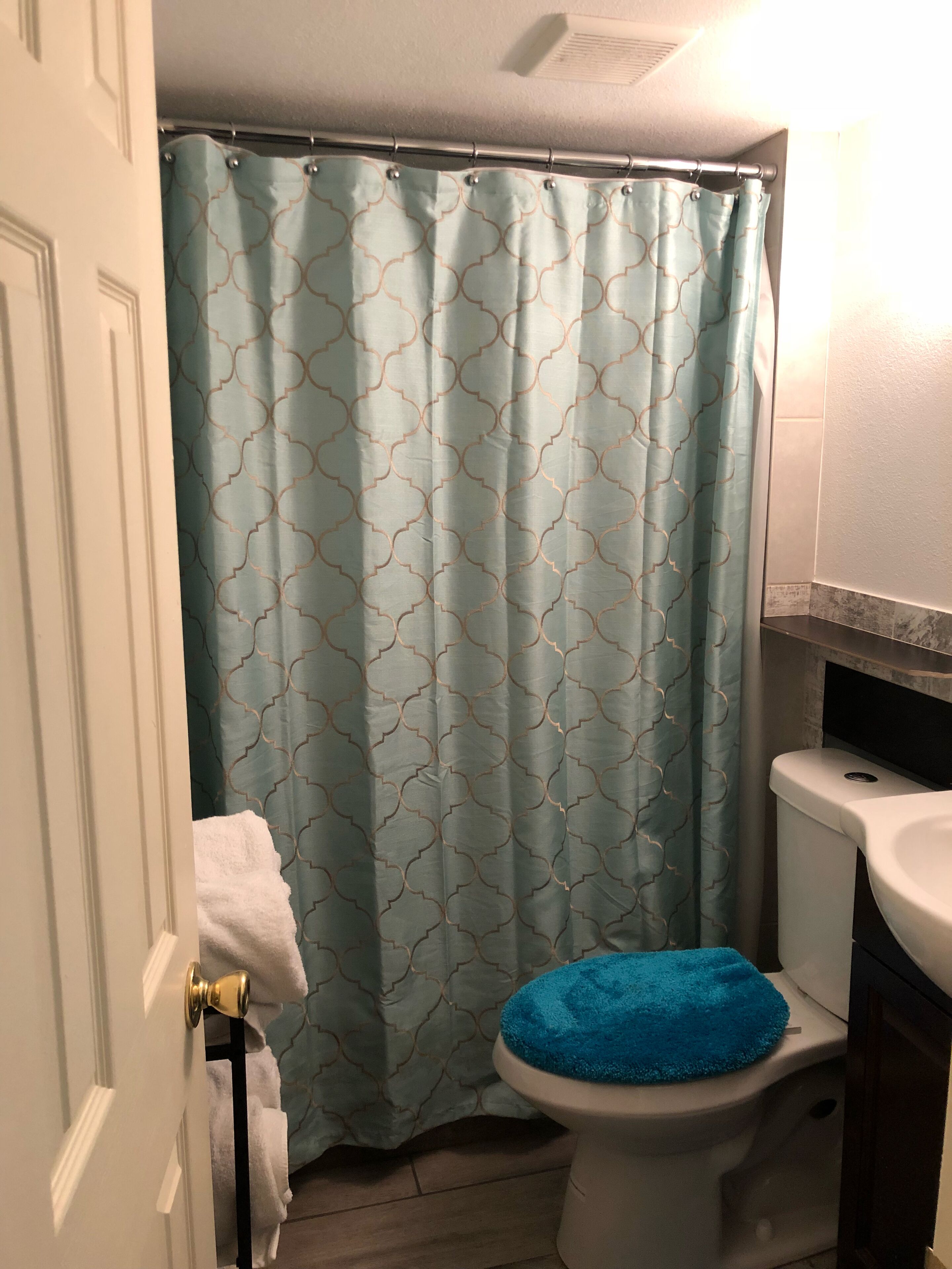 Een badkamer met douchegordijn, toilet en wastafel.