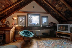 Smart-tv, een open haard, een dvd-speler en boeken