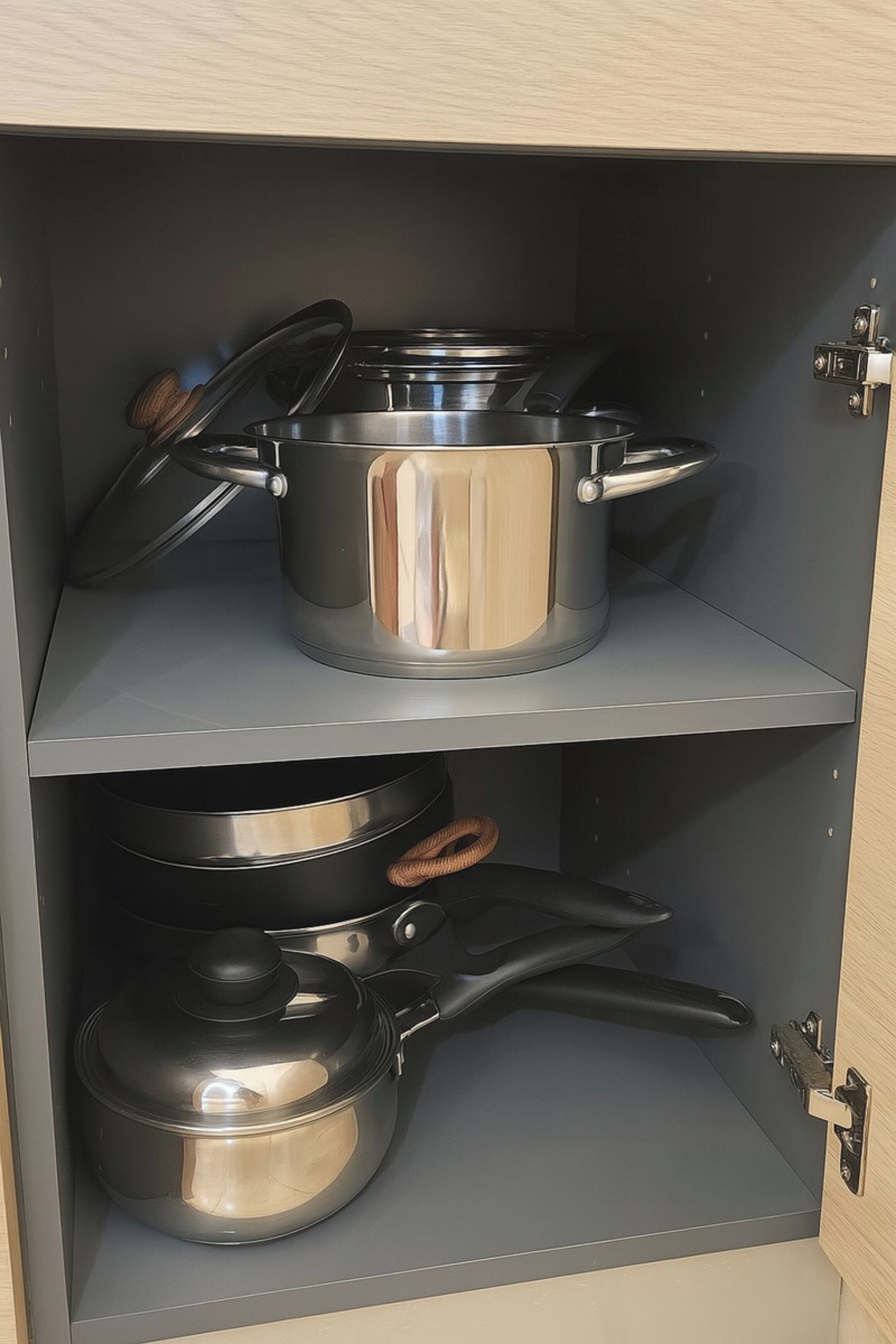 Un armario de cocina con utensilios de cocina de acero inoxidable, incluyendo ollas y sartenes.