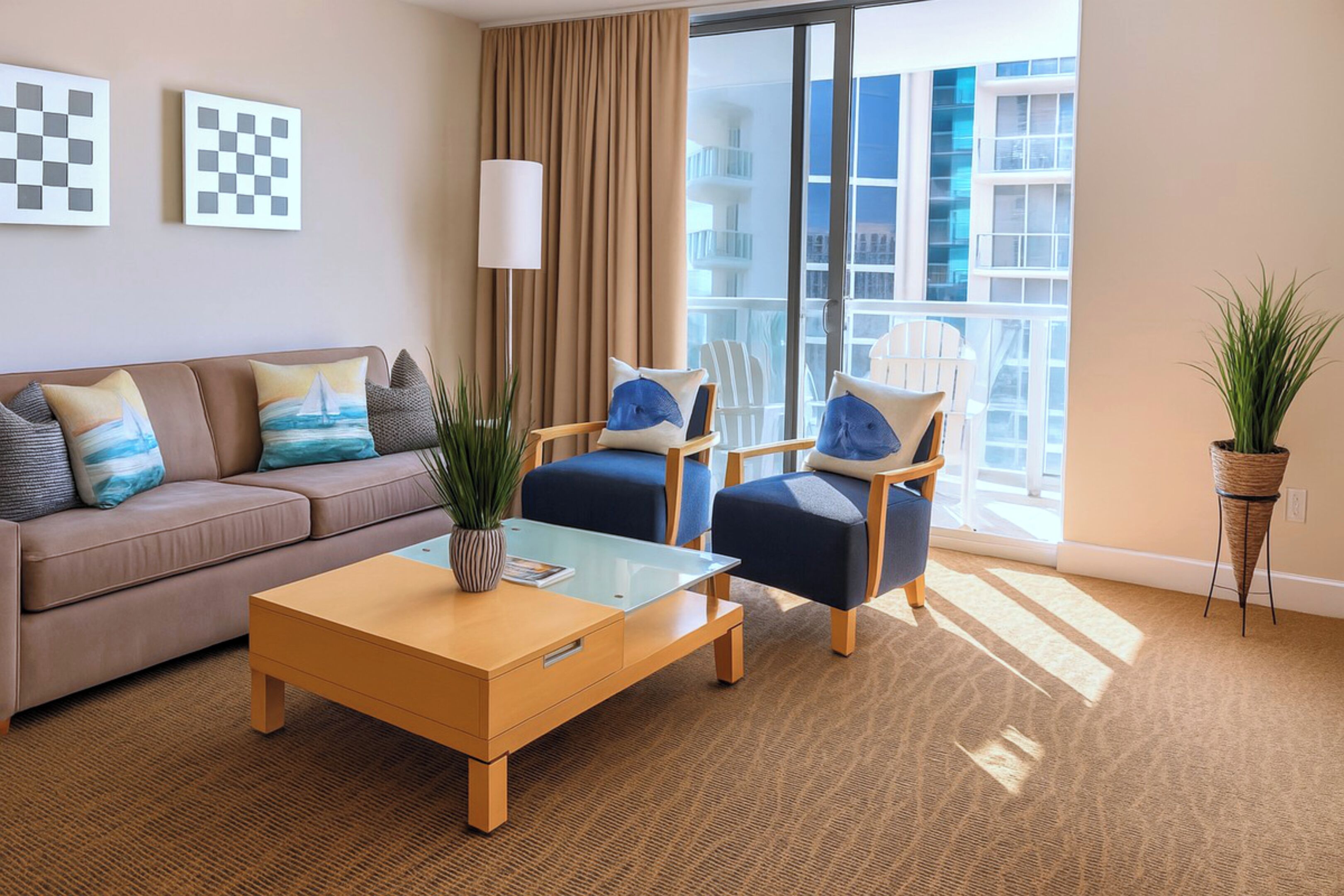A modern living room with a sofa, two armchairs, a coffee table, and a large window with a view of a building.