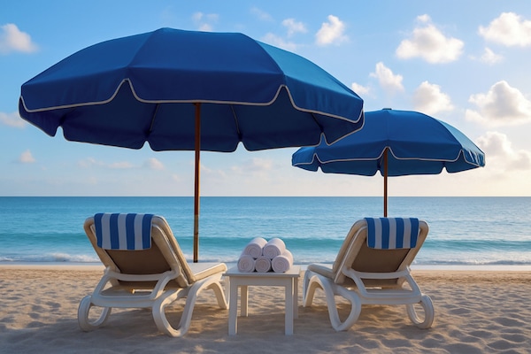 On the beach, sun-loungers, beach towels