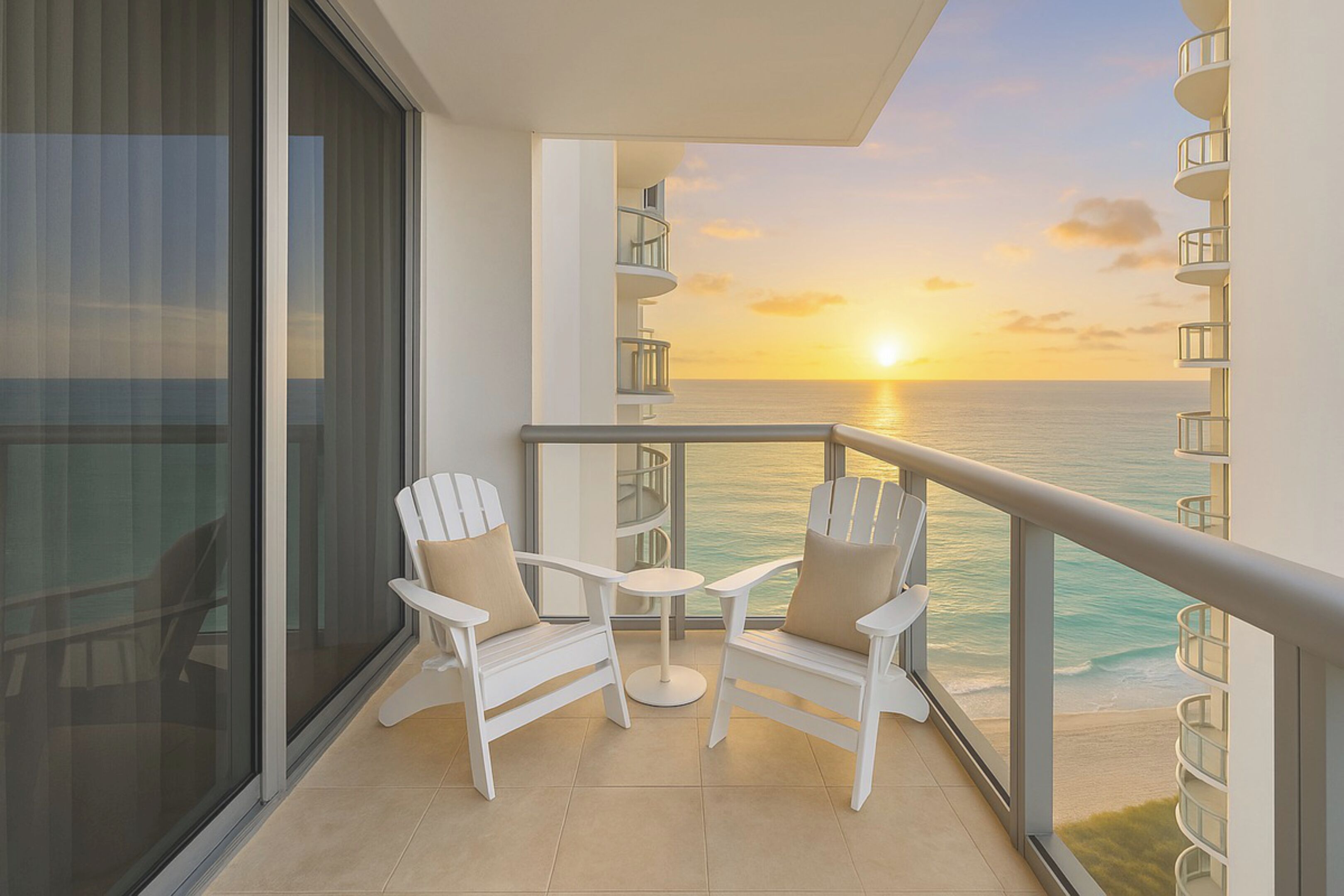 A balcony with two white chairs and a small round table, overlooking a sunset over the ocean.