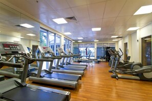 A gym with treadmills, elliptical machines, and a mirrored wall.