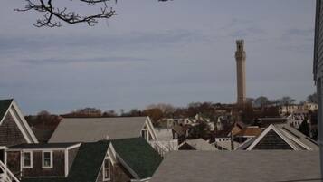 A residential area with houses and a prominent tower in the background.