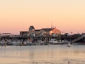 Waterfront property with a central communal area and marina views.