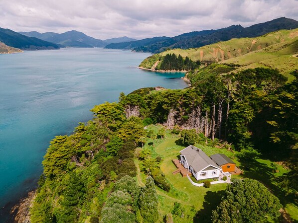 Vista aérea de una casa rodeada de abundante vegetación y una gran masa de agua.
