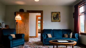 Smart-tv, eldstad, böcker och en stereo