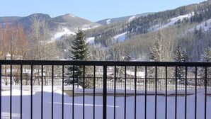 Une piscine offrant une vue sur des montagnes enneigées et un ciel dégagé.