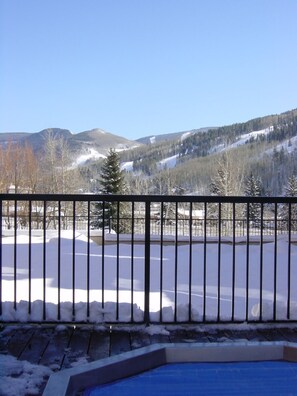 A pool with a view of snow-covered mountains and a clear sky.