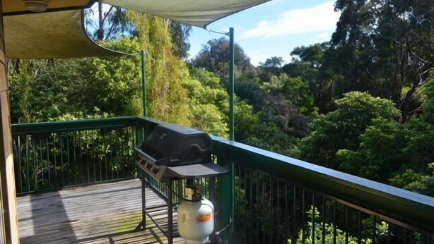 A balcony with a grill and propane tank, surrounded by lush greenery. - Beach Place-family friendly (Lakes Entrance)