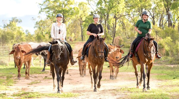 Three people riding horses on a dirt path surrounded by trees.