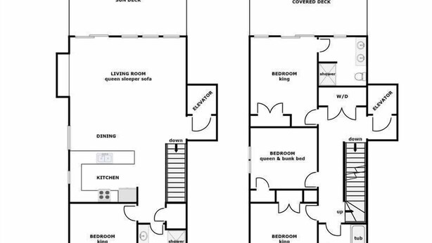 A floor plan of a 1st floor apartment at 1719-B N. Shore Drive, featuring a living room with a queen sleeper sofa, a kitchen, a dining area, and two bedrooms, one with a king bed and the other with a queen and bunk bed. - Sunchaser - 4 BR Duplex on 2nd Row Offers Magnificent Ocean Views, Elevator & (Surf City)