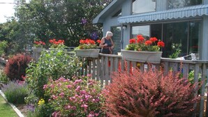 A residential garden with a wooden fence, various flowering plants, and a house with large windows. - Ditch Plains - Walk to Ocean Beach - New Kitchen, Bath, & Bedrooms (Montauk)