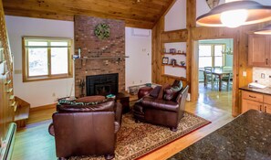 Smart TV, fireplace, DVD player, books