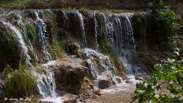 Una cascada que se precipita sobre un acantilado rocoso, rodeada de abundante vegetación.