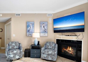 Smart TV, fireplace, DVD player, video library
