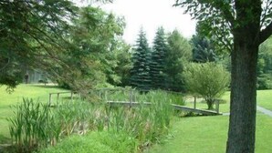 Un parque con un puente de madera, zonas verdes y árboles.